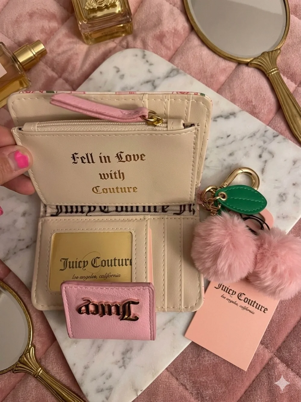 Juicy Couture Pink Cherry-Print Compact Wallet with Pom Charm